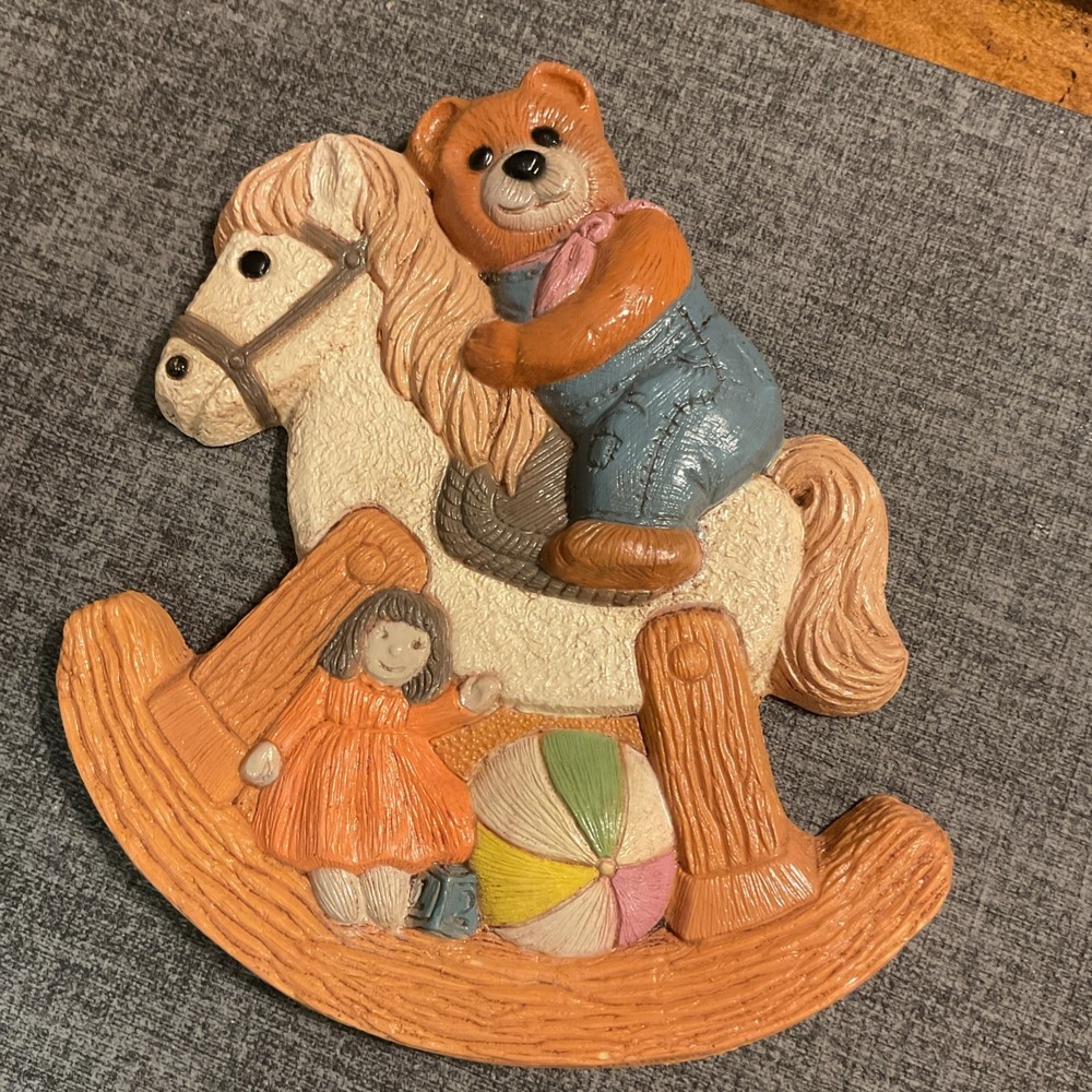 Vintage HOMCO Rocking Horse Teddy Bear Girl Doll Foam Wall Hanging nursery decor